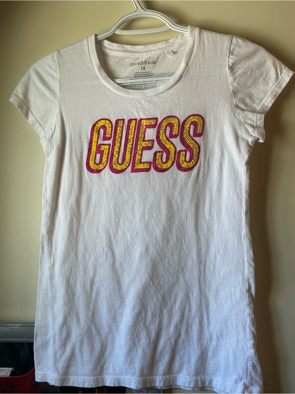Guess White Short Sleeve Tee with Yellow and Pink Logo